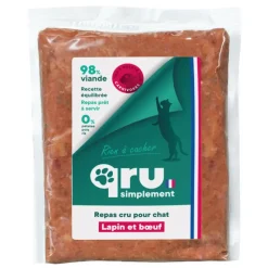 QRU Aliment cru pour chat repas haché lapin bœuf Simplement congelé - 450 g