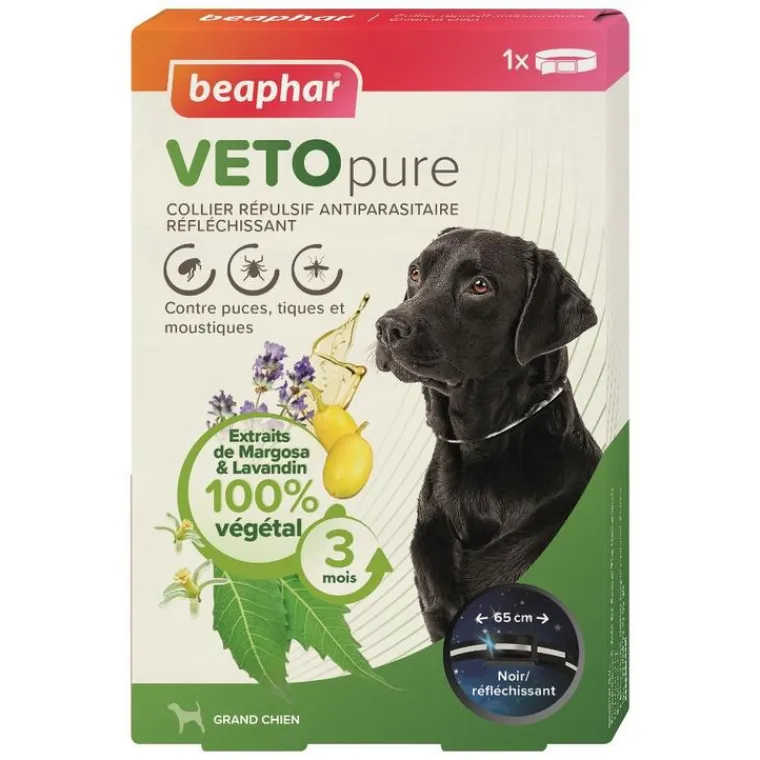BEAPHAR Collier répulsif antiparasitaire réfléchissant pour le chien de grande taille coloris noir VETOpure – 65 cm