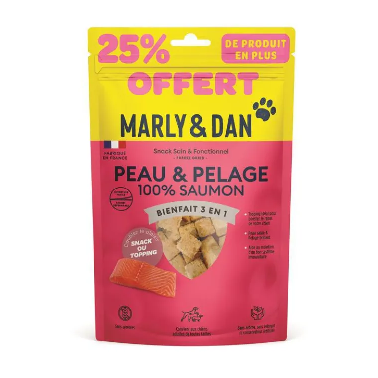 MARLY & DAN Friandises pour chien 100 % saumon Peau Pelage - 25 % offert - 63g