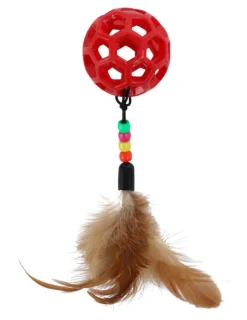 WOUAPY Jouet pour chat balle et queue avec perles et plumes coloris rouge - Ø 4,8 cm