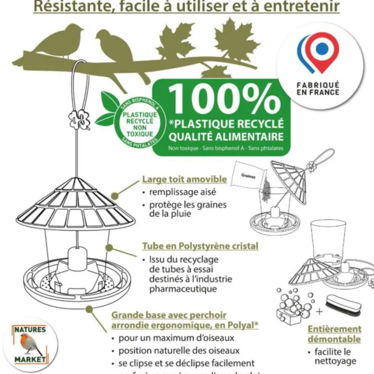 NATURE'S MARKET Mangeoire pour oiseaux en plastique 100 % recyclé coloris vert Natures Market Émilie - 21,7 x 20 cm