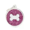 MYFAMILY Médaille à graver pour chien coloris rose pailleté grand cercle avec un os blanc Shine