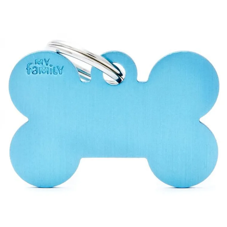 MYFAMILY Médaille basic grand os pour chien en aluminium bleu azur