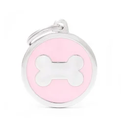 MYFAMILY Médaille classic grand cercle os rose pour chien en acier