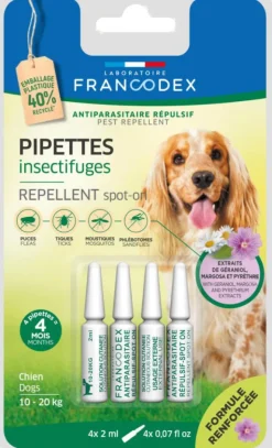 FRANCODEX Pipettes antiparasitaires répulsives pour chien 10 à 20 kg - 4 x 2 ml