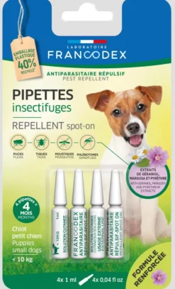FRANCODEX Pipettes antiparasitaires répulsives pour chiot et petit chien moins de 10 kg - 4 x 1 ml