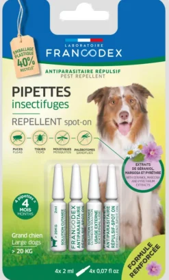 FRANCODEX Pipettes antiparasitaires répulsives pour grand chien de plus de 20 kg - 4 x 2 ml