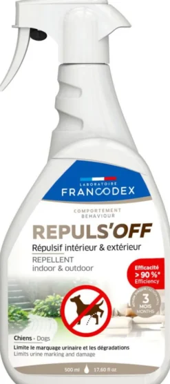 FRANCODEX RŽpulsif d'intŽrieur et d'extŽrieur pour chien marquages urinaires et dŽgradations Repuls'Off - 500 ml