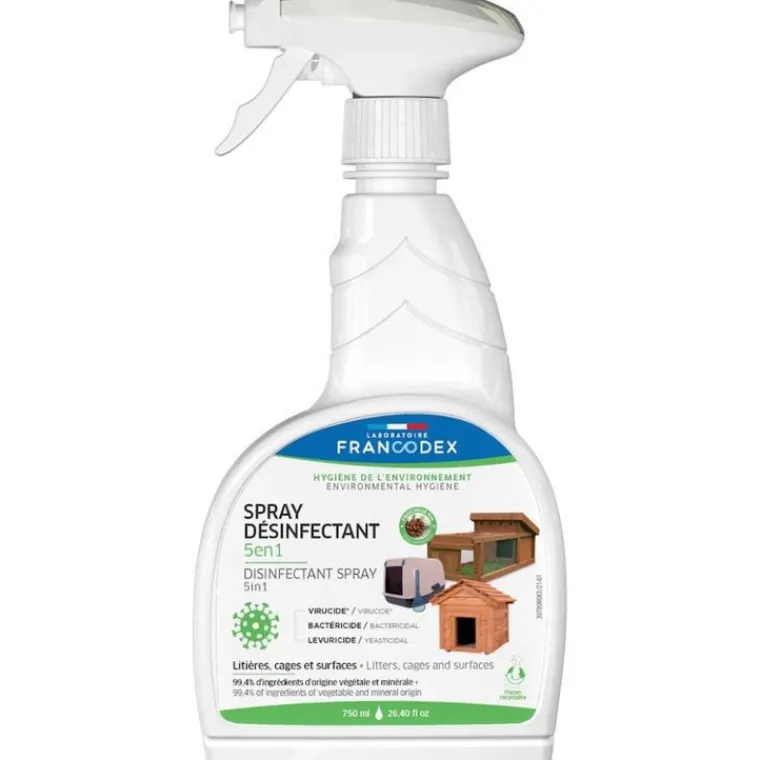 FRANCODEX Spray désinfectant 5 en 1 pour l'environnement des animaux coloris blanc – 750 ml